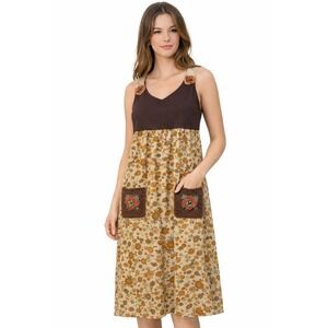 Ivy Jane Womens Large Boho Floral Knit V-Neck Sleeveless Midi Dress Brown Yellow